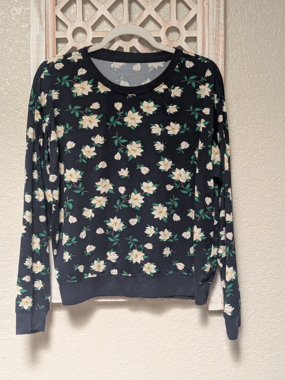 Draper James Womens Large long sleeve shirt navy white floral garden lightweight